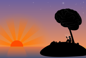 graphic with person on tiny island at sunset